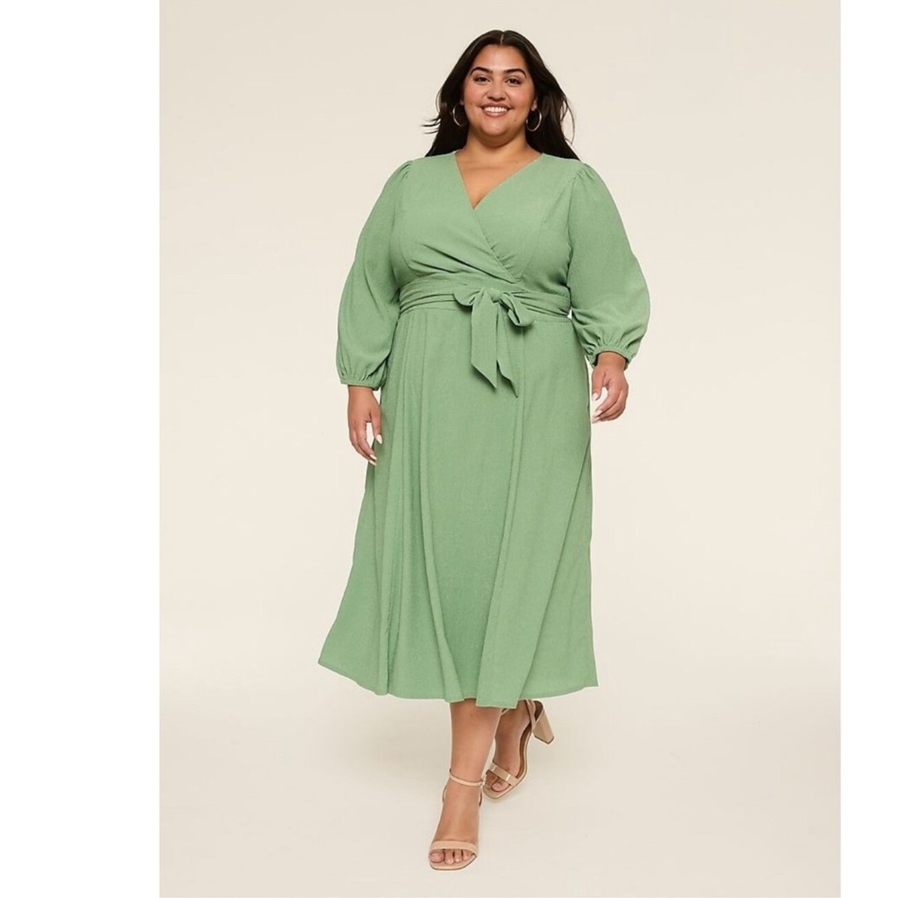 Lane Bryant Plus Size 30/32 Green Faux Wrap Midi Dress Pockets Long Sleeve NEW